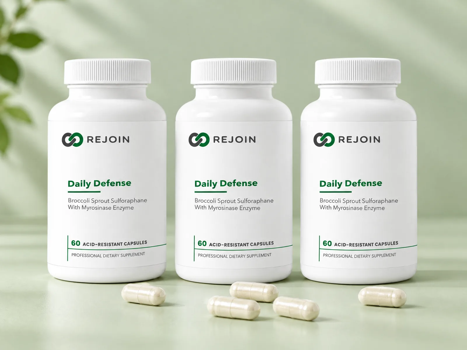 Three bottles of Rejoin Daily Defense with capsules