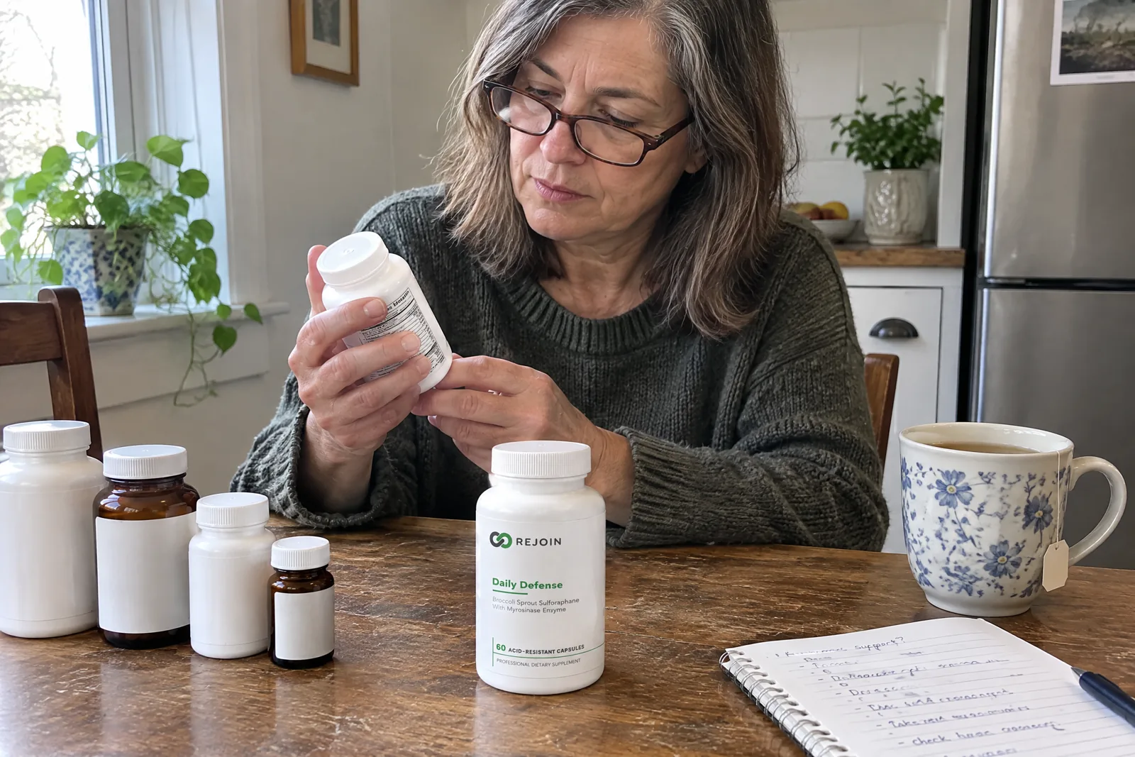A woman at her kitchen table reading the label on a supplement bottle