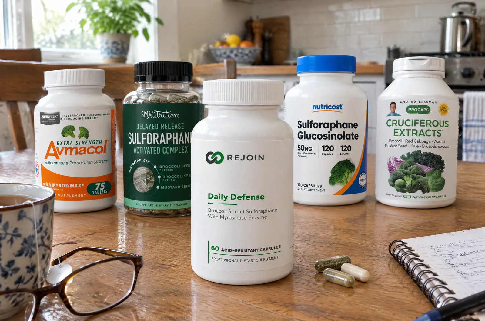 Five sulforaphane supplement bottles lined up on a kitchen table, Rejoin Daily Defense in front