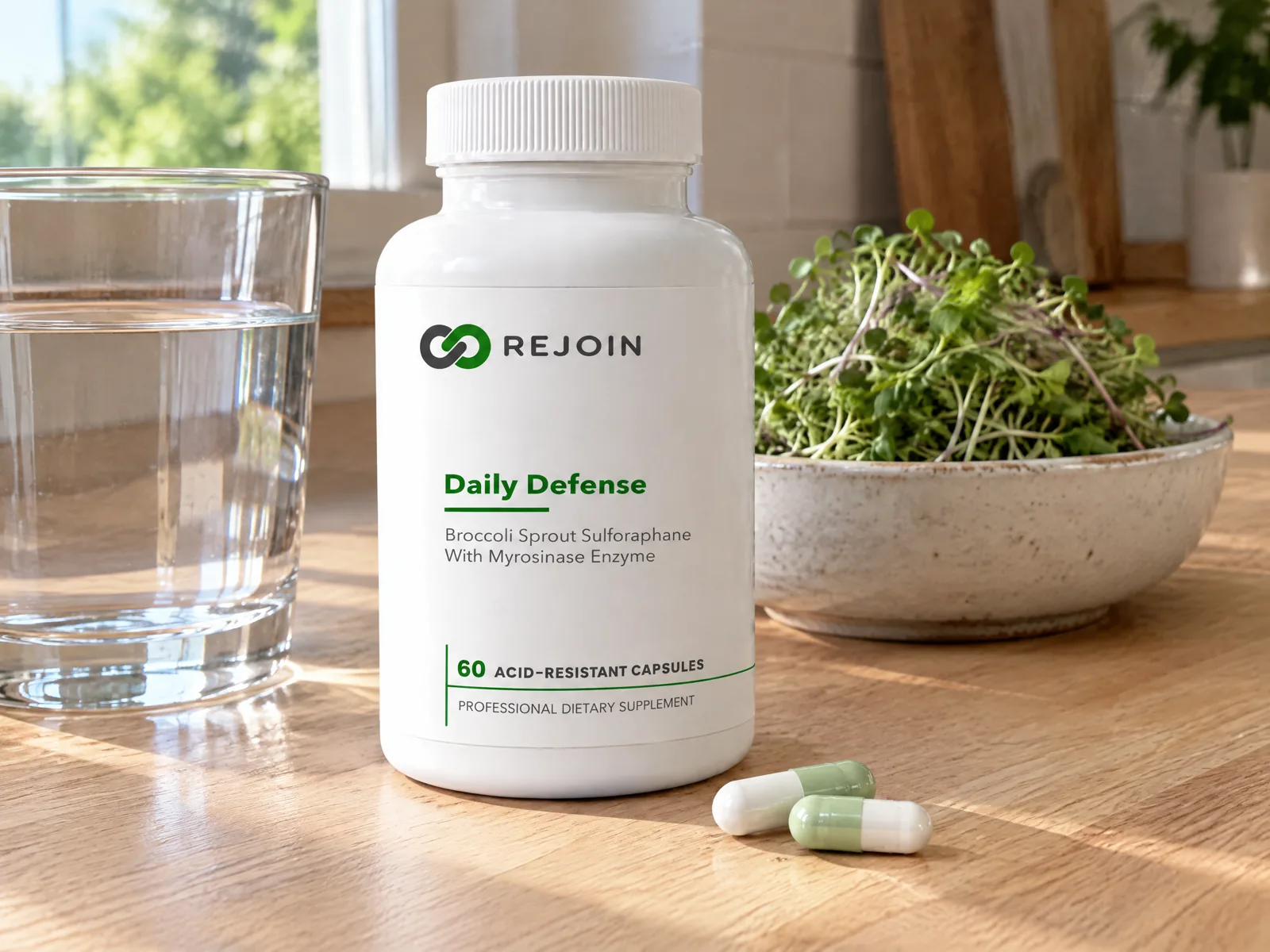 Rejoin Daily Defense bottle with two capsules, a glass of water and broccoli sprouts